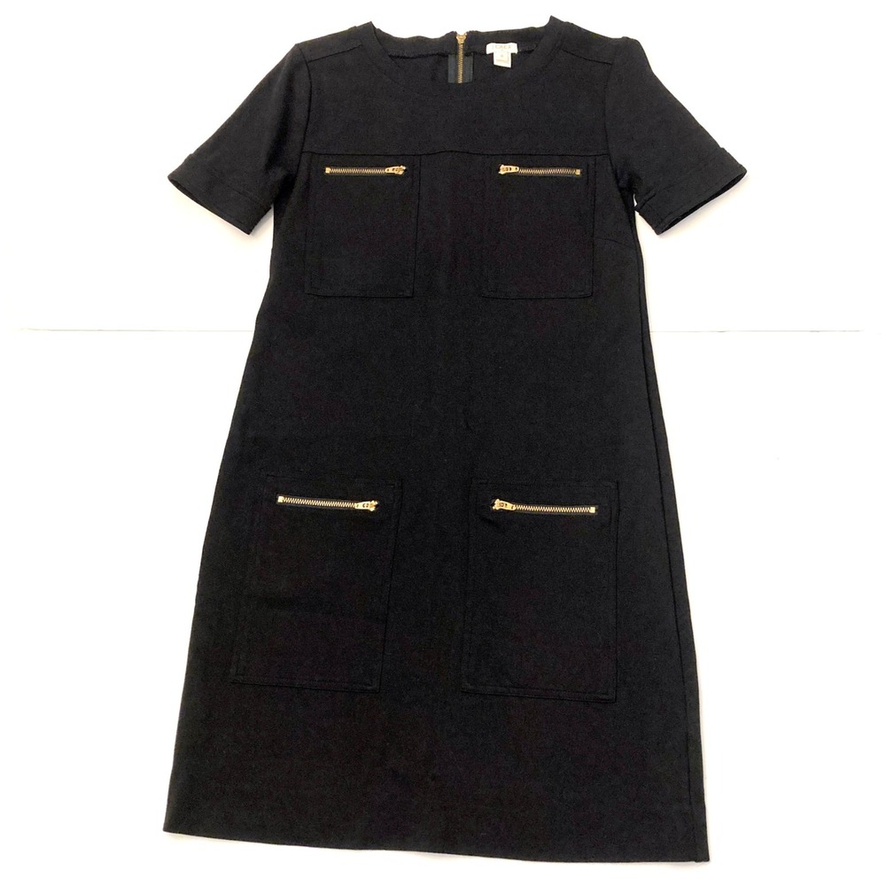J Crew Black Knit Sheath Midi‎ Dress Short Sleeve  BLACK LABEL Women's 0 Zippers